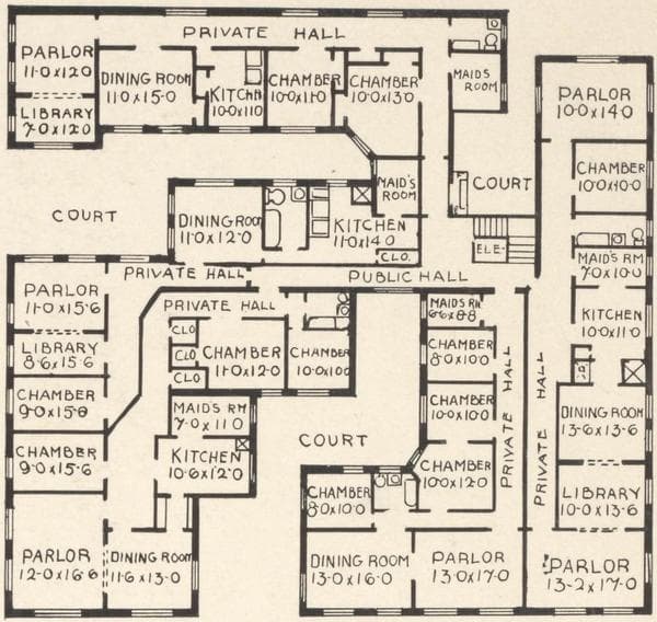 Miscellaneous apartments. The Lafayette, 320 Manhattan Avenue, southeast corner of 114th Street, facing Morningside Park; Typical floor plan; The Versailles, 1845 Seventh Avenue, northeast corner 112th Street; Typical floor plan; The Rochambeau, 312 Manhattan Avenue, northeast corner 113th Street, facing Morningside Park; Typical floor plan., 1908