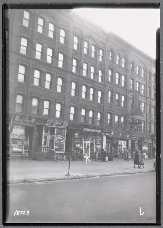 Tenements & storefronts; Clark's Barber Shop & Billiards; Gem Hardware: 468-474 Lenox Av-W 133 St-W 134 St, Manhattan, 1938